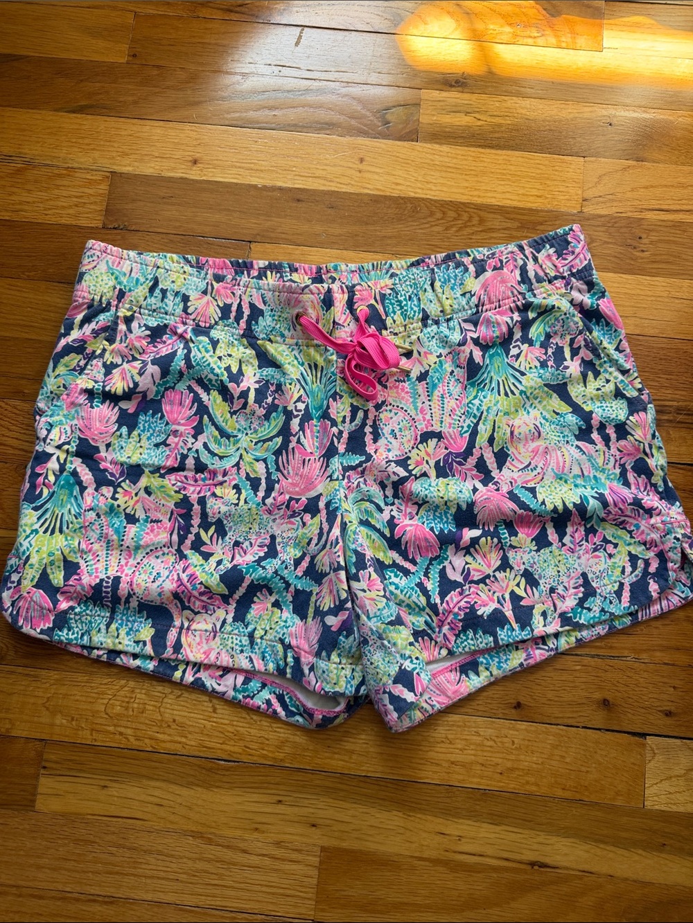 Lilly Pulitzer Navy Shorts with Pink & Green Floral Print XL